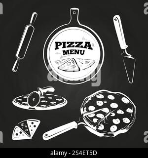 Vintage pizza elements for labels and design on chalkboard. Vintage pizza elements on chalkboard Stock Vector