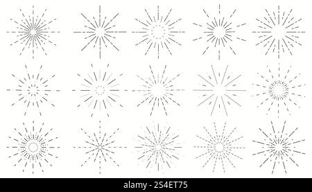 Round vintage sunburst rays collection. Thin line hipster firework or bursting stars design elements set. Stock Vector