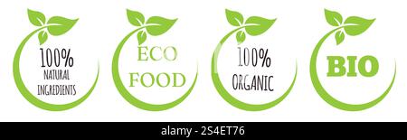 Set of Various Green Leaf Label or Badge. Frame for Certified Natural Product, Organic and Eco Friendly Warranty Stock Vector
