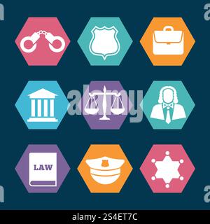 Law, justice and police icons set. Handcuffs and officer sheriff star, vector illustration. Law, justice and police icons set Stock Vector