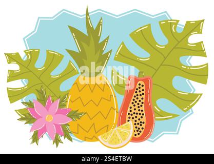Cartoon summer still life with tropic fruits, Monstera leaves and flower. Blue frame. Pineapple and papaya. Stock Vector