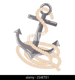 Cartoon sea anchor from ship with rope in flat style. Nautical concept. Stock Vector