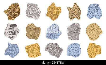 Cute thin line doodle textures. Organic stains with doodle decoration. Sketch uneven round shapes. Stock Vector