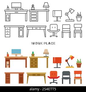 Work place furniture and collection - flat home design icons. Interior for living room illustration. Work place furniture and collection - flat home design icons Stock Vector