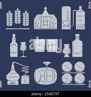 Whisky silhouette icons collection on blue. Whisky drink production icon, vector illustration. Whisky silhouette icons collection on blue Stock Vector