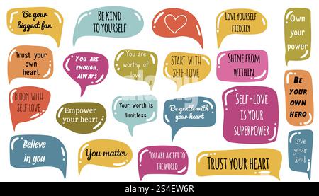 Bright and cheerful self-love speech bubble collection featuring uplifting affirmations and empowering love slogans. Playful, colorful designs in a fu Stock Vector