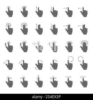 Hand swipe and drag gesture vector icons with touching action arrows for touch screen device. Finger gesture action for use smart phone illustration. Hand swipe and drag gesture vector icons with touching action arrows for touch screen device Stock Vector