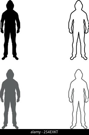 Man in the hood concept danger silhouette front side icon set grey black color vector illustration outline flat style simple image Stock Vector