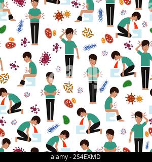 Viral diseases seamless pattern - medicinal seamless texture with sick man and microbes. Vector illustration. Viral diseases seamless pattern - medicinal Stock Vector