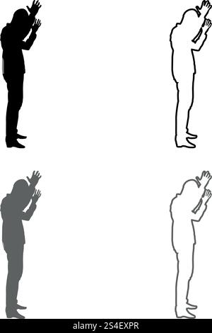 Concept of failure what is it for me problem Man raised hands silhouette icon set grey black color vector illustration outline flat style simple image Stock Vector