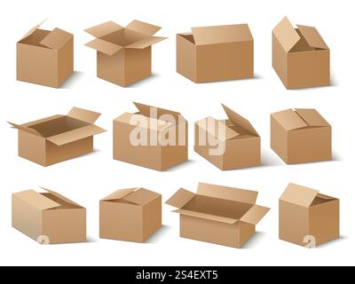 Delivery and shipping carton package. Brown cardboard boxes vector set. Cardboard box for transportation and packaging illustration. Delivery and shipping carton package. Brown cardboard boxes vector set Stock Vector