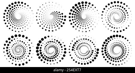 Halftone round elements, twisters, halftone circular textures with dots, circle halftone tornado Stock Vector