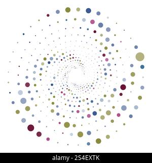 Colorful halftone round element, twister, halftone circular texture with dots, radial halftone tornado Stock Vector