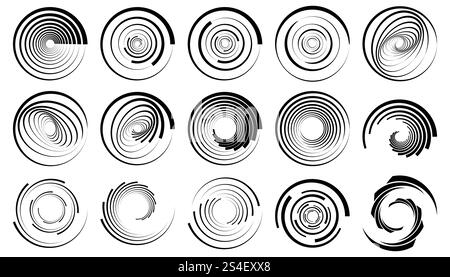 Striped halftone round elements, twisters, halftone circular textures with stripes, radial halftone tornado Stock Vector