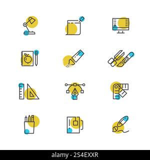 Office stationery thin line icons collection. Set of drawing color tools. Vector illustration. Office stationery thin line icons collection Stock Vector