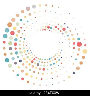 Colorful halftone round element, twister, halftone circular texture with dots, radial halftone tornado Stock Vector