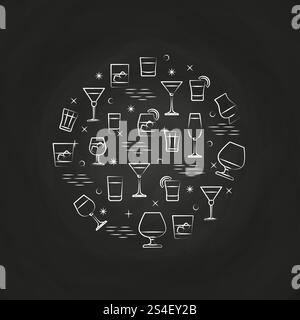 Alcoholic drinks icons on chalkboard - drinks circle concept. Vector illustration. Alcoholic drinks icons on chalkboard Stock Vector
