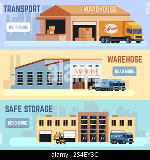 Warehouse, shipping transportation and delivering service vector horizontal banner set. Warehouse service distribution illustration. Logistic and storage industry.. Warehouse, shipping transportation and delivering service vector horizontal banner set Stock Vector