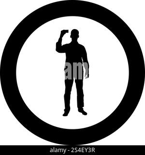 Man shows card in his hand Business card in hand businessman silhouette icon black color vector illustration flat style simple imagein circle round Stock Vector