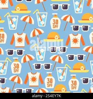 Sun protect seamless pattern with lotion, sun glasses, beach umbrella, t-shirt and hat. Vector illustration. Sun protect seamless pattern with lotion, sun glasses, beach umbrella Stock Vector