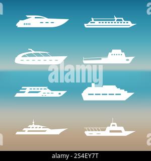 White ship and boats icons collection. Transport travel, vector illustration. White ship and boats icons collection Stock Vector