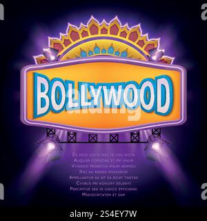 Indian bollywood cinema vector sign board. Illuminated banner bollywood movie film illustration. Indian bollywood cinema vector sign board Stock Vector
