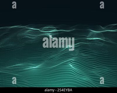 Digital background with wavy surface. 3d futuristic landscape with particles. Sound waves data vector concept. Futuristic flow surface layer illustration. Digital background with wavy surface. 3d futuristic landscape with particles. Sound waves data vector concept Stock Vector