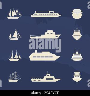 Sailboat and ship icons collection on grunge backdrop. Vector illustration. Sailboat and ship icons collection on grunge Stock Vector