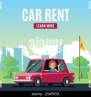 Car rental poster concept. Cartoon-style vector girl on red car. Auto rent business, automobile transportation advertising illustration. Car rental poster concept. Cartoon-style vector girl on red car Stock Vector