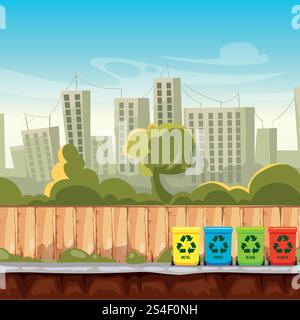Recycle waste bins with cityscape background. Waste management concept. Recycle trash bin, separation and sorting container. Vector illustration. Recycle waste bins with cityscape background. Waste management concept Stock Vector
