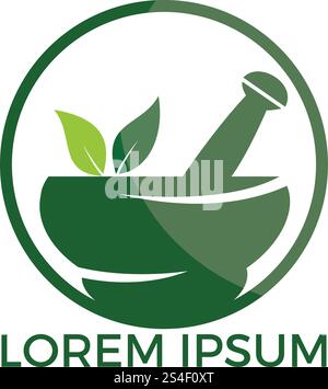Pharmacy medical logo design. Natural mortar and pestle logotype, medicine herbal illustration symbol icon vector design. Stock Vector