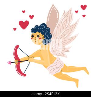 Cute cartoon flying Cupid with bow and arrow aiming to somebody. Happy Valentine's day mascot or symbol. Stock Vector