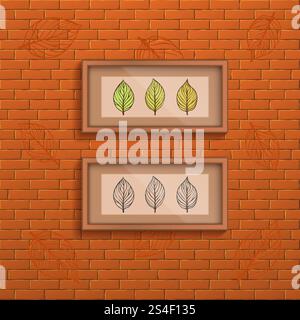 Decorative brick wall background with two interior frames with doodle leaves picture. Vector illustration. Decorative brick wall background with two interior frames with doodle leaves picture Stock Vector