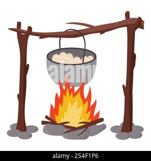Cartoon food cooking on fire during camping in flat style isolated on white background. Stock Vector