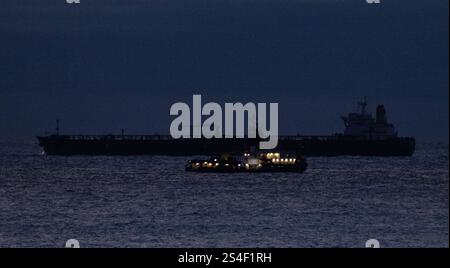 Sassnitz, Germany. 12th Jan, 2025. The unmaneuverable tanker "Eventin" is lying in the Sassnitz roadstead between Binz and Sassnitz. The tanker, which is loaded with around 99,000 tons of oil, is to remain there until a decision has been made on how to proceed. Credit: Stefan Sauer/dpa/Alamy Live News Stock Photo