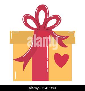 Cute cartoon gift box with ribbon and bow in flat style. Happy Valentines day surprise. Stock Vector