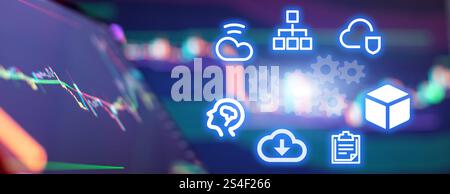 Abstract digital technology interface with financial stock charts and cloud computing Stock Photo