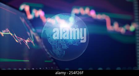 Global economic visualization with digital globe and stock market trends overlaid Stock Photo