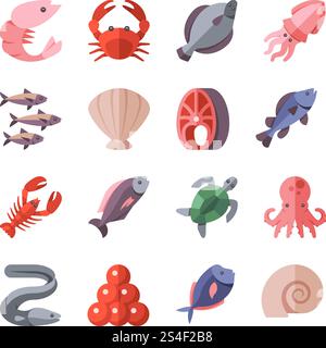Seafood delicacies and cooking fish vector flat icons isolated on white. Crab and eel, snail and exotic mussel sea food illustration. Seafood delicacies and cooking fish vector flat icons isolated on white Stock Vector