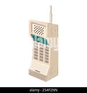 Cartoon retro cell phone from 90s years in flat style. Retro mobile phone isolated on white background. Stock Vector
