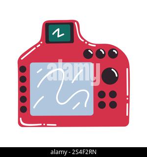 Cute red cartoon modern photo camera in flat style, front view. Photo equipment isolated on white background. Stock Vector