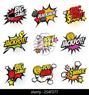 Vector winning game bubble stickers in retro pop art comic style. Explosion bubble winner comic speech. Vector illustration. Vector winning game bubble stickers in retro pop art comic style Stock Vector