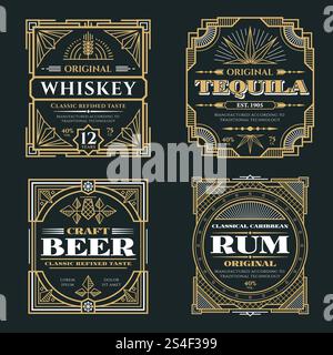 Vintage whiskey and alcoholic beverages vector labels in art deco retro style. Alcohol whiskey rum and tequila poster illustration. Vintage whiskey and alcoholic beverages vector labels in art deco retro style Stock Vector
