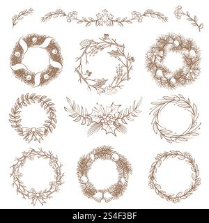 Christmas hand drawn wreaths, border frames with fir branch vector doodle design elements. Illustration of christmas frame wreath. Christmas hand drawn wreaths, border frames with fir branch vector doodle design elements Stock Vector