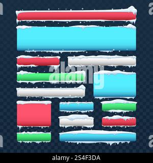 Banners and buttons with snow caps and icicles vector set. Button color frame with white snow cap illustration. Banners and buttons with snow caps and icicles vector set Stock Vector