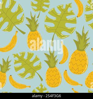 Cute cartoon tropical seamless pattern with pineapple, banana and Monstera leaves. Summer vacation background. Stock Vector