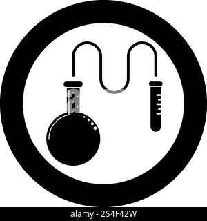 Oil distillation Flask for chemical reagents with test tube using a thin tube Chemical reaction concept icon black color vector in circle round illustration flat style simple image. Oil distillation Flask for chemical reagents with test tube using a thin tube Chemical reaction concept icon black color vector in circle round illustration flat style image Stock Vector