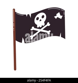 Cartoon black old pirate flag with skeleton. Jolly Roger flag. Stock Vector
