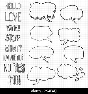 Hand drawn emotional phrases and speech bubbles on notebook backdrop. Vector illustration. Hand drawn emotional phrases and speech bubbles on notebook backdrop Stock Vector