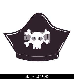 Cartoon black pirate captain hat with skeleton in flat style isolated on white background. Stock Vector